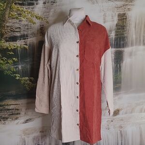 New! Womens Large Rustic Fall Colorblock Corduroy Button Up Shirt Dress